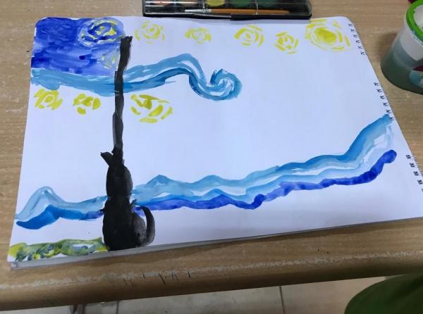 Okulumuz 4/C Sınıfı Öğrencileri Van Gogh Yıldızlı Gece Eseri Sulu Boya Çalışması Yaptı